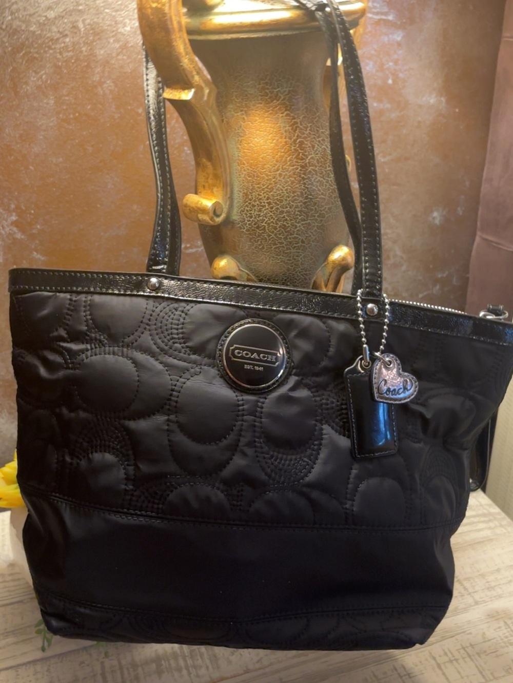 Like New ~ Coach Black Quilted Logo Tote with Charm